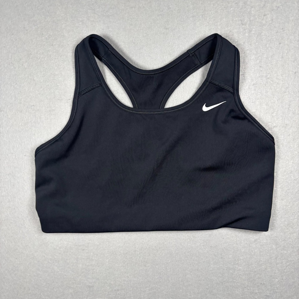 Nike Dri FIT Sports Bra Black White Swoosh Racerback Womens Size XL Athletic Gym